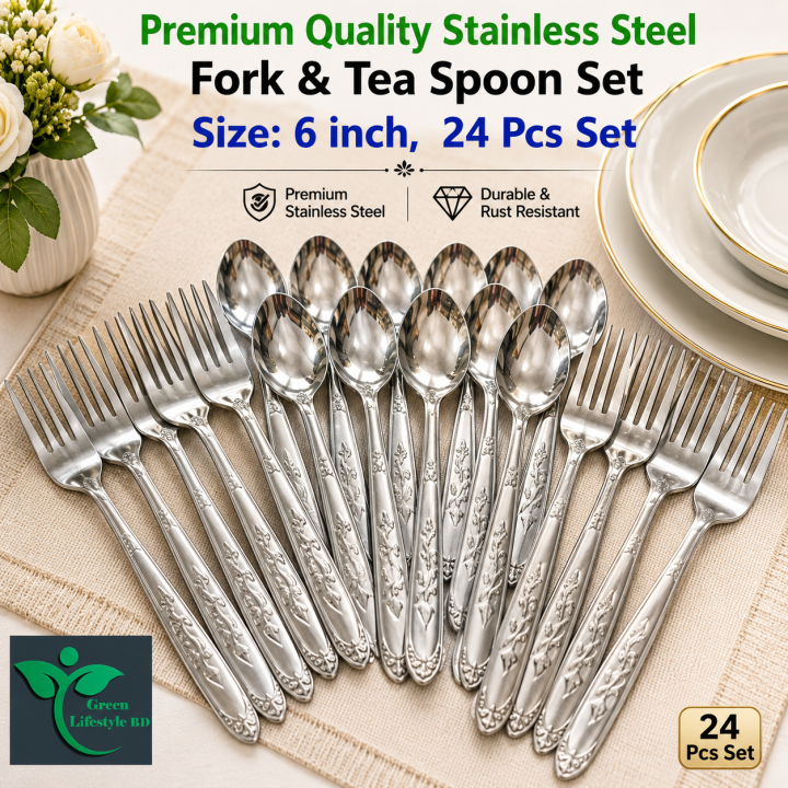 Elegant 24-Piece Stainless Steel Dinnerware Set, 6-Inch Fork & Tea Spoon Combo, Durable Premium Quality