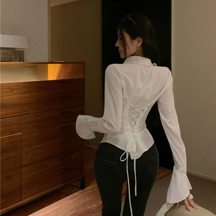 Gidyq%20Fashion%20Women%20Bandage%20Shirts%20Korean%20All%20Match%20Streetwear%20Female%20Slim%20Blouse%20Spring%20Casual%20White%20Bell%20Sleeve%20Shirt%20New%20-%20Image%202