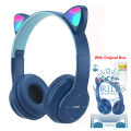 P47M Wireless Headphone Flash Light Cute Cat Ear with Mic Control LED Stereo Music Helmet Phone Bluetooth Headset with Box.. 