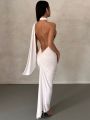 Halter Backless Maxi Dresses For Women Summer 2023 Elegant Mermaid Long Party Evening Dress Bandage Ruched Bodycon Dress White. 