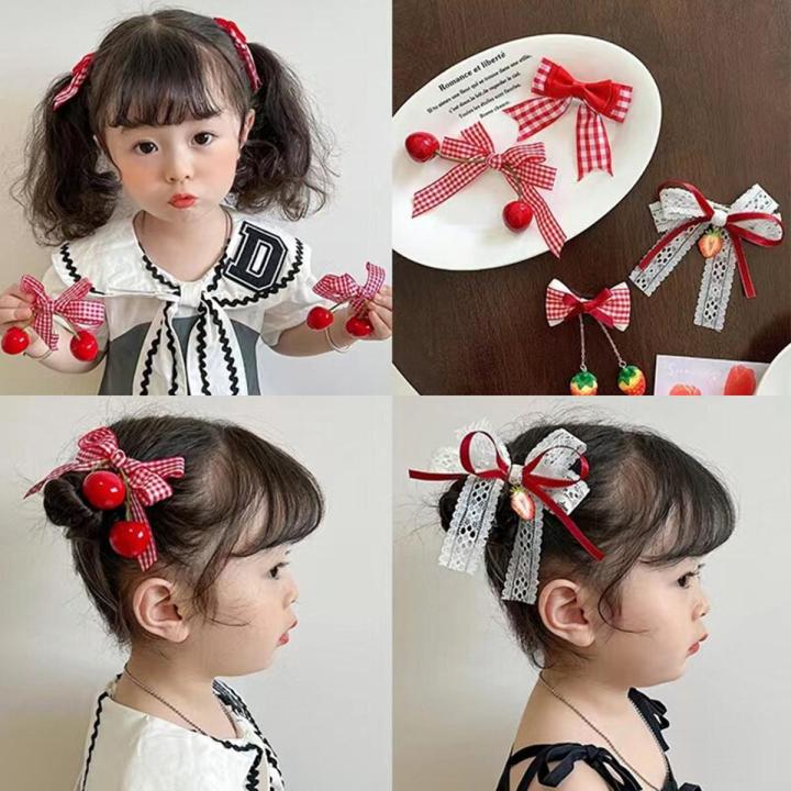 2Pcs Bow Cherry Tassel Girls Hair Clip Korean Bowknot Strawberry Hairpins Side Bangs Clip Children Barrettes Headdress