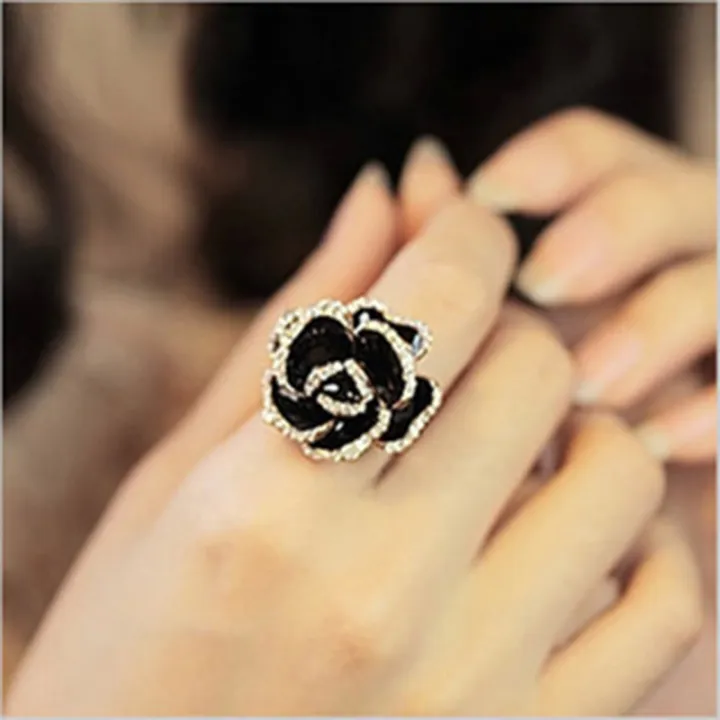 J622 Yiwu factory direct sales South Korea imported jewelry diamond black rose open ring wholesale wholesale