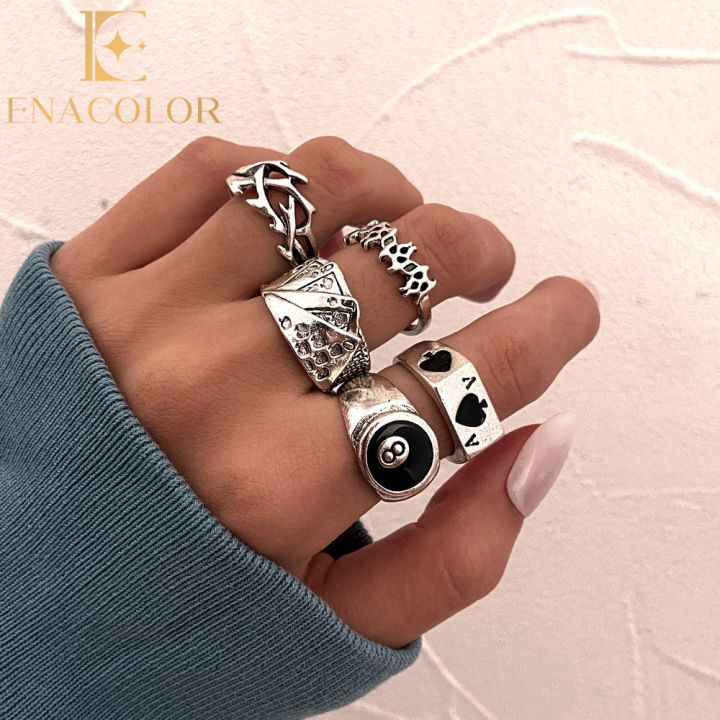 Enacolor 5Pcs/Set Retro Silver 8 Poker Ring Vintage Spades Solitaire Creative Personality Joint Rings Set Accessories