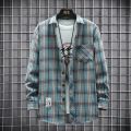 Men Harajuku Plaid Shirt Cotton Casual Korean Shirts Male Long Sleeve Casual Blouses Tops Spring Autumn Loose Checkboard Outwear.