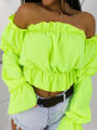 Candy Color Off Shoulder Crop Tops women Summer dot print lantern sleeve shirts Lady Slash neck beach blouse.