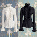 Victorian Flounce Blouse Women OL Office Ladies Business White Shirt High Neck Frilly Ruffle Cuffs Shirts Female Blouses.