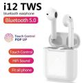 i12 TWS Bluetooth 5.0 Earbuds, True Wireless Bluetooth Earphones headset Auto Connection, Touch Control & Wireless charging Headset with Charging Case & Cable. 