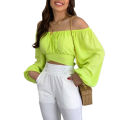 Women’s Off Shoulder Crop Tops, Long Sleeve Solid Color Tie Knot Back Ruched T-Shirts. 