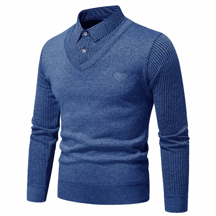 Autumn%20and%20Winter%20New%20Men's%20Two%20Piece%20Sweater%20with%20Fleece%20and%20Slim%20Fit%20Polo%20Collar%20Knitted%20Bottom%20Shirt%20Thickened%20and%20Warm%20-%20Image%203
