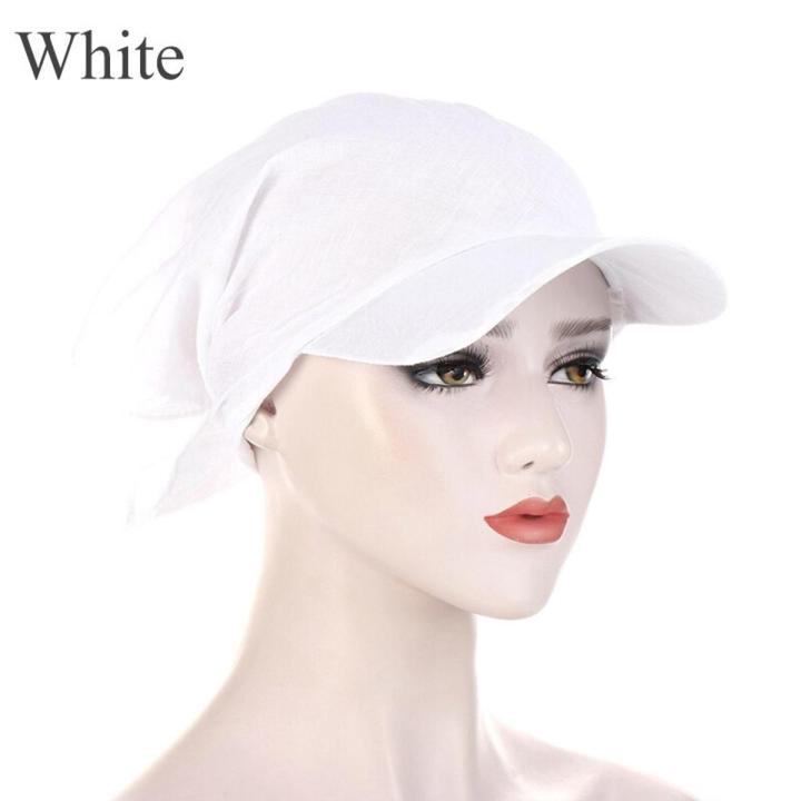 1PC Women Brim Cap Sun Visor with Pre-Tied Turban Caps Head Scarf Hijab Pure Color Muslim Beach Female Fashion Outdoor Hat