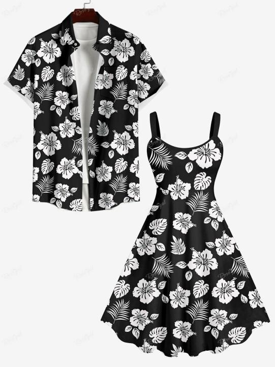 Plus%20Size%20Matching%20Hawaii%20Beach%20Outfit%20For%20Couples%20Flower%20Coconut%20Leaves%20Printed%20Cinched%20Dress%20and%20Buttons%20Pocket%20Shirt%20-%20Image%204