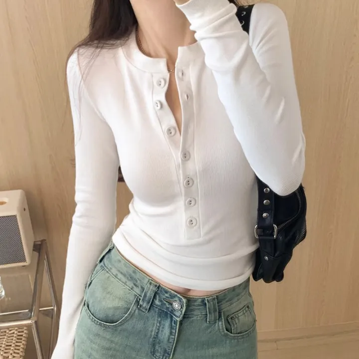 High-Grade%20Button%20T%20T-shirt%20Women's%20Unique%20Half-Open%20Collar%20Top%20Spring%20and%20Autumn%20Tight%20Hot%20Girl%20Shoulder%20Long%20Sleeve%20Solid%20Color%20Bottoming%20Shirt%20-%20Image%202