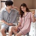 Button Lovers Pijamas Fashion His and Hers Shorts Sleepwear Summer Japanese Kimono Style Turn-down Collar Cotton Couple Pajamas. 