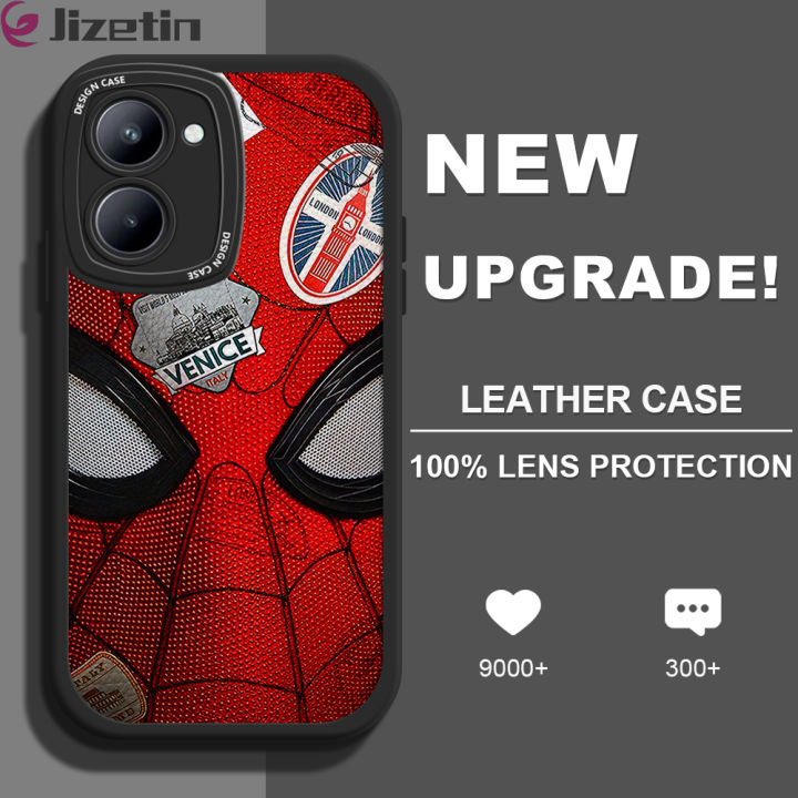 Jizetin for Realme C33 Back Cover Spider Man Lambskin Texture PU Leather Back For Girls Boys Soft Phone Case