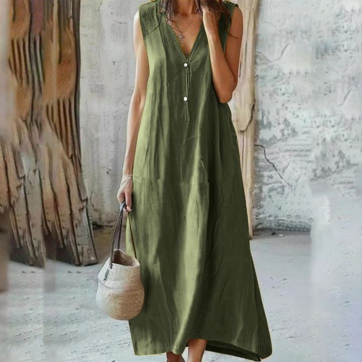 Women%E2%80%99s%20Cotton%20Linen%20Summer%20Sleeveless%20Dress%20with%20Chic%20Design%20-%20Image%202