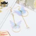 Sweet Women Butterfly Gauze Circle Faux Pearl CZ Long Dangle Asymmetric Earrings. 