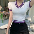 Women Cropped T Shirt Retro Knitted V-neck Pullover Tops Short-sleeved High-waisted Slim Fit Shirt. 