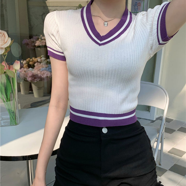 Women%20Cropped%20T%20Shirt%20Retro%20Knitted%20V-neck%20Pullover%20Tops%20Short-sleeved%20High-waisted%20Slim%20Fit%20Shirt%20-%20Image%207