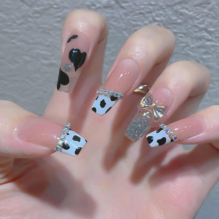 24pcs%20French%20False%20Nails%20with%20Black%20Bowknot%20Design%20Korean%20Style%20Girl%20Women%20Manicure%20Set%20Press%20on%20Nail%20Sweet%20Nail%20Patches%20-%20Image%206