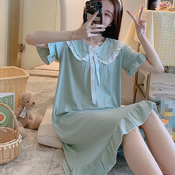 IELGY%20long%20nightdress%20Korean%20version%20ins%20summer%20pajamas%20women%20short-sleeved%20home%20service%20thin%20skirt%20-%20Image%204