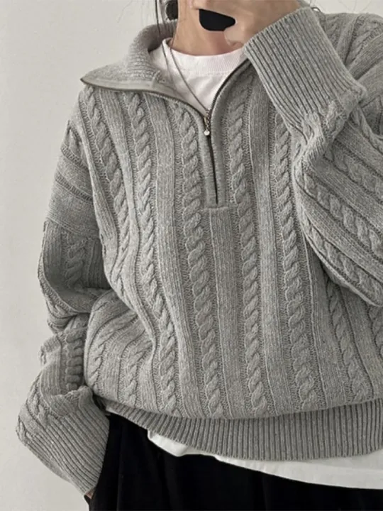 Women%20Autumn%20New%20Solid%20Color%20Sweater%202022%20New%20Half%20High%20Collar%20Knit%20Pullover%20Baggy%20Long%20Sleeve%20Zipper%20Lady%20Knitwear%20BF%20Oversize%20-%20Image%205