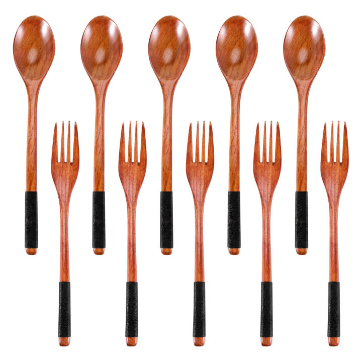 Wooden Spoons Forks Set Japanese Style Wooden Utensils Set for Eating Wood Flatware Set Reusable (Black Cords,10 Pieces)
