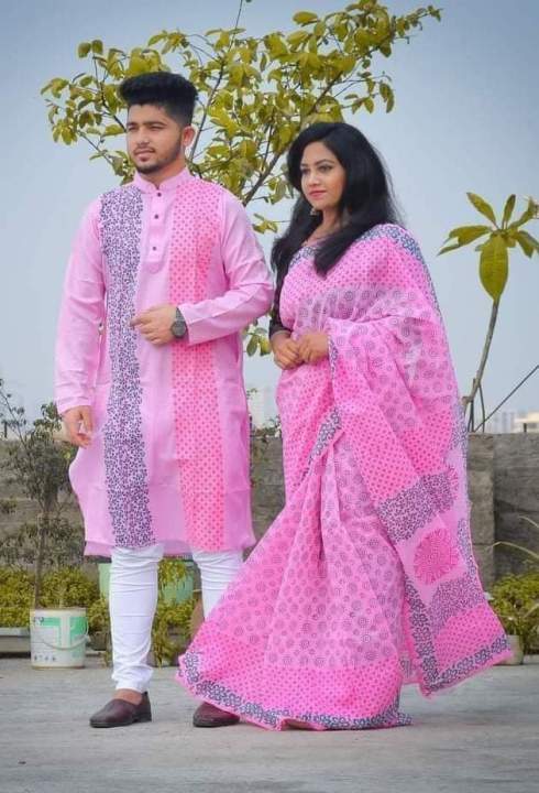 Exclusive%20Designer%20Block%20Print%20Half%20Silk%20Saree%20&%20Dhupian%20Silk%20Panjabi%20Combo%20For%20for%20man%20and%20women%20-%20Image%202