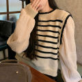 Early Autumn Long Sleeve Stitching Design Striped Sweater Inner Wearing Women's Clothing 2023 New French Style Sweater Top. 
