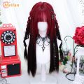 MEIFAN Synthetic Long Straight Lolita Wig with Bang Red Ombre Black Cosplay Party Halloween Christmas Wavy Curly Harajuku Wig.