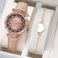 Fashion Waterproof 2pcs Women's Quartz Wristwatch Set Petal Design and Diamond Dial for Ladies Watch Elegant Leather Watches Suitable for Girls.