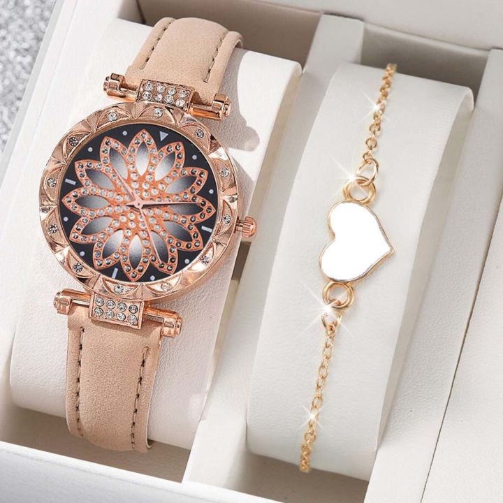 Fashion Waterproof 2pcs Women's Quartz Wristwatch Set Petal Design and Diamond Dial for Ladies Watch Elegant Leather Watches Suitable for Girls