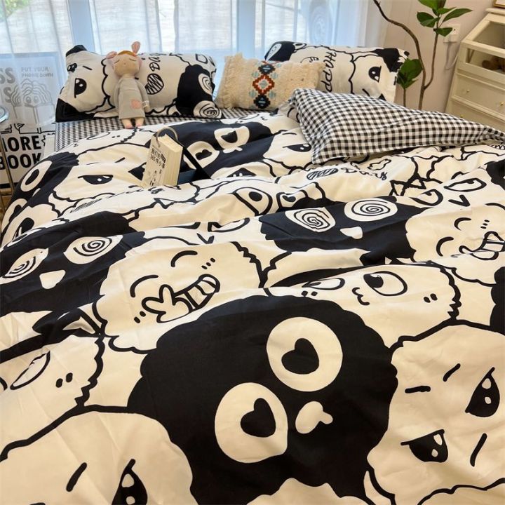 Black cartoon briquettes fairy bed sheet duvet cover four-piece set washed cotton student dormitory bed single three-piece set