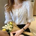 Fashion Summer Short Sleeve Shirts Woman White Blouse Women 2023 Elegant Square Collar Hollow Out Korean Lace Shirt Blusas 13934. 