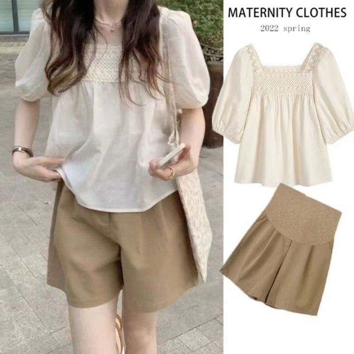 Summer%20Short-Sleeved%20Maternity%20Top%20Shorts%20for%20Pregnant%20Women%20Khaki%20Loose%20Korean%20Style%20Hot%20Mom%20Style%20Maternity%20Clothes%20Two-Piece%20Set%20-%20Image%209