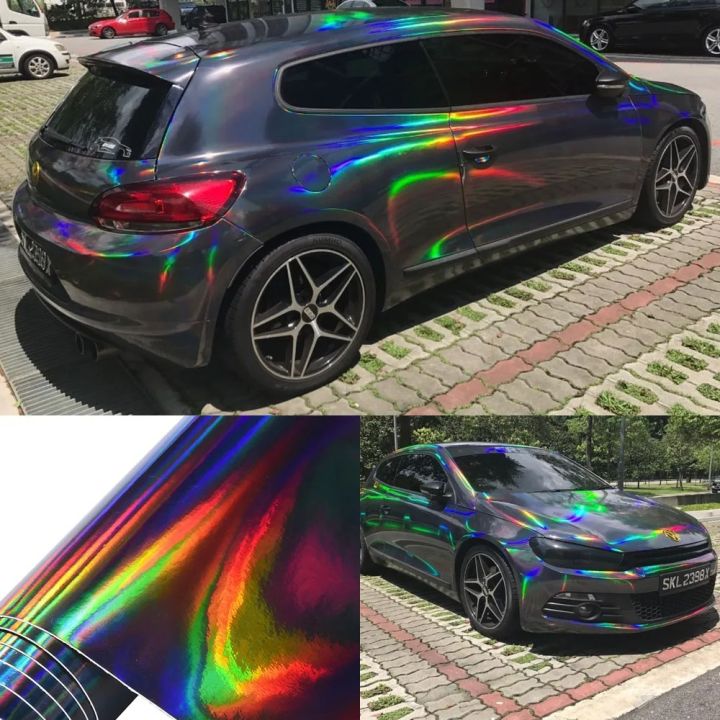 Holographic Laser Chrome Black Car Stickers Car Interior Body Wrap Vinyl Film Sheet Black with Rainbow Decals