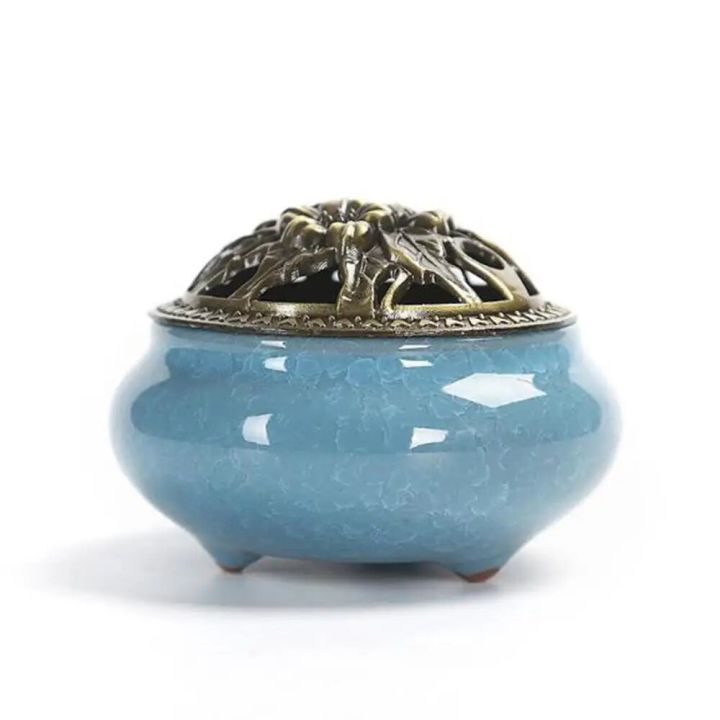 【Daily Necessities For Anyone Store】Ice Ceramic Incense Burner Pottery Censer Coil Cone Holder with Ash Catcther Mat for Office Hotel Decoration