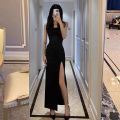 Lucyever Black Spaghetti Strap Women's Dress 2024 Summer Tight Side Split Long Dresses Female Elegant Bodycon Maxi Dress Shapewear.