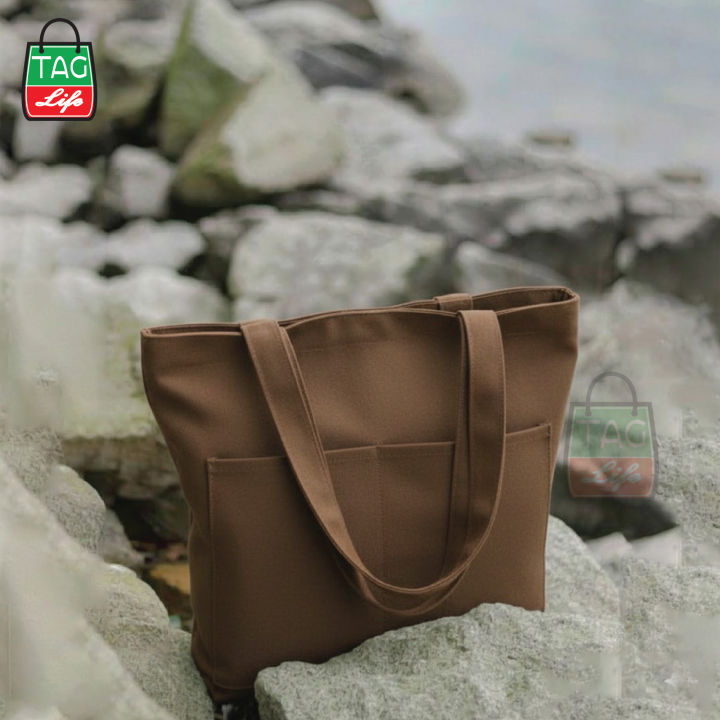 Canvas Tote Bag with Zipper and Outside Big Pockets Dark Brown Color  for Trendy fashionable Girls/Stylish Canvas Tote Bag for Women