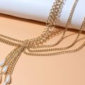 LuxHoney Fashion Gold Plated Multi-layer Curb Chain Belly Waist Chain for Women In Party with Water Drop Shape Pearl Charm.