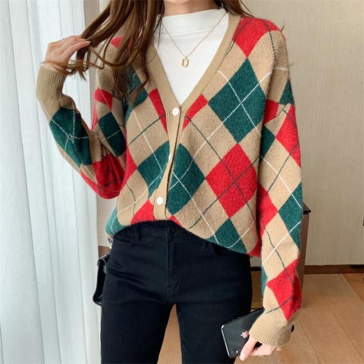 2021%20Early%20Autumn%20New%20Color-Blocking%20Diamond-Shaped%20Top%20V%20Collar%20Sweater%20Loose%20Knitted%20Winter%20Coat%20Women's%20Cardigan%20-%20Image%204