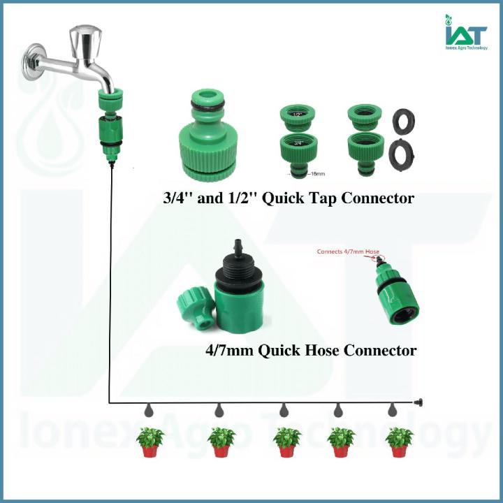 1/2'' or 3/4'' Quick Tap Connector (1-Piece) and 4/7mm Quick Hose Connector (1-Piece) Used to Connect Threaded Water Tap/ Faucet to 4/7mm Pipe for Garden Irrigation.