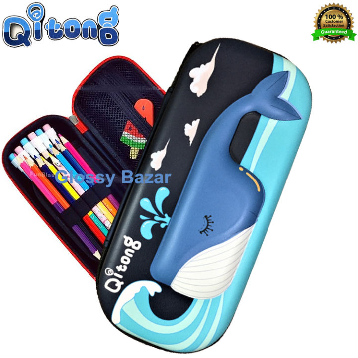 Qitong Blue Whale Green 3D Pencil Case/Box with Compartments - Kids School Supply Organizer Students Stationery Box - Girls Boys Pen Case Black Color