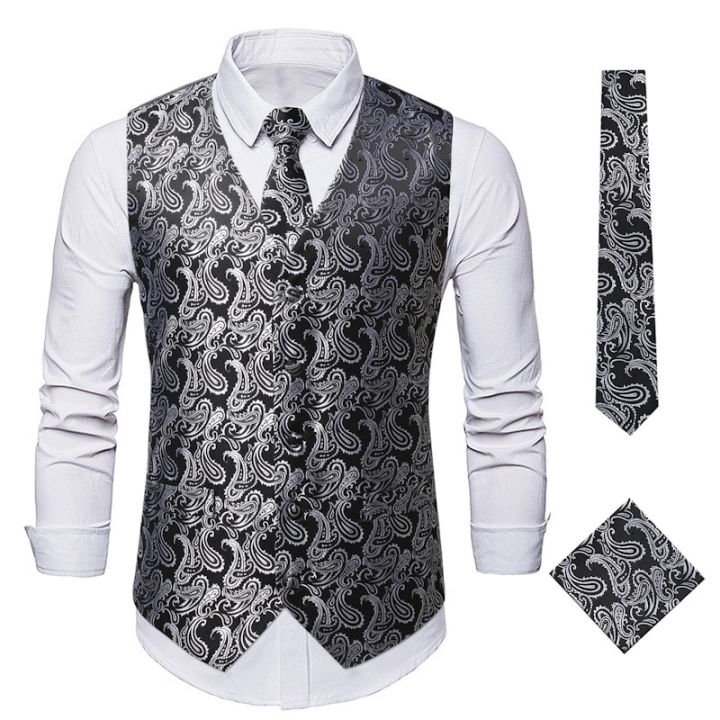 Men 3pc Paisley Waistcoat Necktie Pocket Square Set 2023 Brand Victorian Steampunk Suit Vest Men Formal Business Gilet Homme 3XL