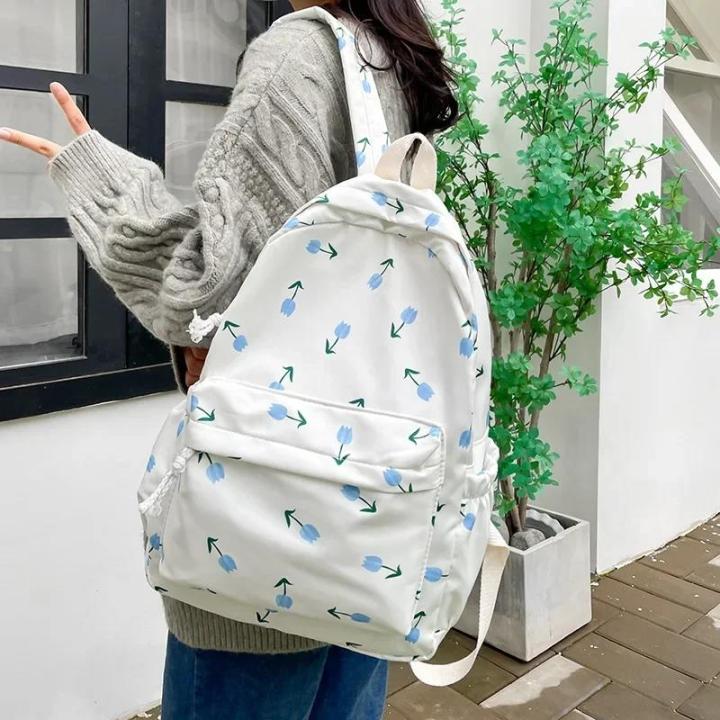Korean Student School Backpack Floral White School Bags for