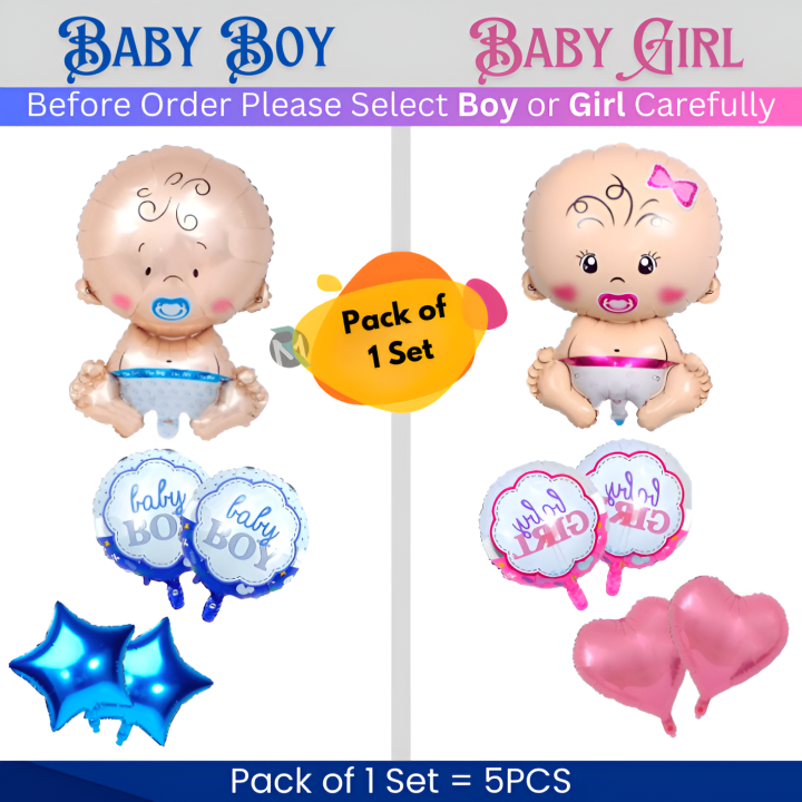 Baby Boy & Baby Girl Foil Balloons Set for Baby Shower, Welcome Home & Birthday Decoration Set for Boys & Girls- (Pack of 05 Pcs)