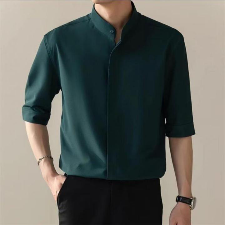 Slim%20Fit%20Stand%20Collar%20Shirt%20Men%20Solid%20Color%20Shirt%20Stylish%20Stand%20Collar%20Men's%20Shirt%20for%20Business%20Commute%20Office%20Slim%20Fit%20Half%20-%20Image%206