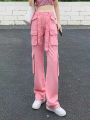 Pink Jeans Overalls Women's Summer Thin High Waist Slimming and Straight Loose Casual Wide Leg Mop Pantsins. 