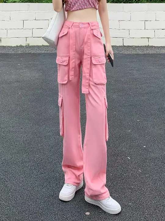 Pink%20Jeans%20Overalls%20Women's%20Summer%20Thin%20High%20Waist%20Slimming%20and%20Straight%20Loose%20Casual%20Wide%20Leg%20Mop%20Pantsins%20-%20Image%204