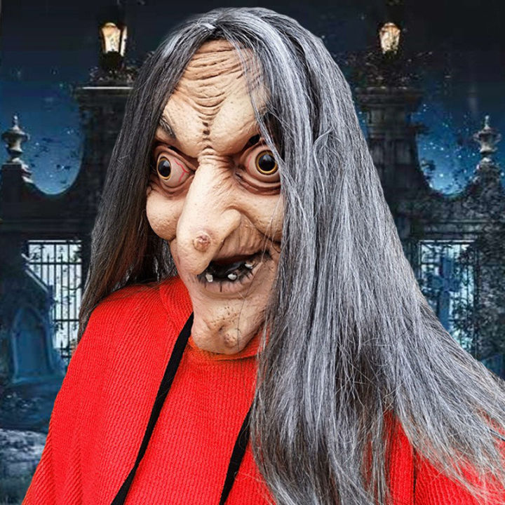 Halloween Horror Mask Scary Old Witch Mask Latex Helmet with Hair Carnival Party Roleplay Mask Haunted House NPC Cosplay Props