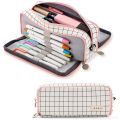 BRADOO- ANGOO 2 Pcs Large Pencil Case Big Capacity 3 Compartments Canvas Pencil Pouch, White Pink & Black. 